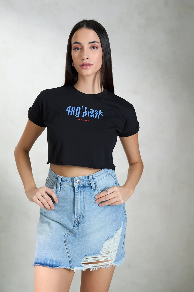 Riona|100% Cotton Round Neck Crop Graphic Tee