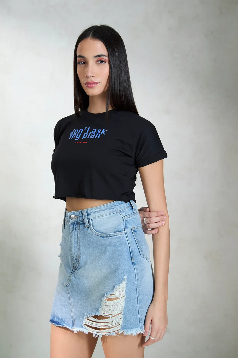 Riona|100% Cotton Round Neck Crop Graphic Tee