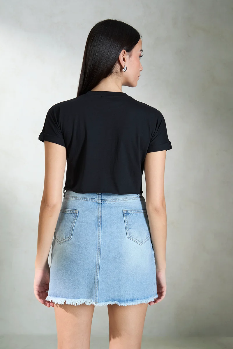 Riona|100% Cotton Round Neck Crop Graphic Tee