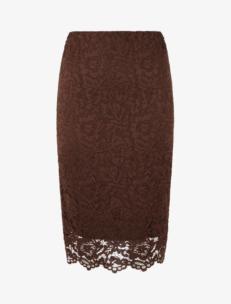 Jupe crayon en dentelle à taille haute - Marron