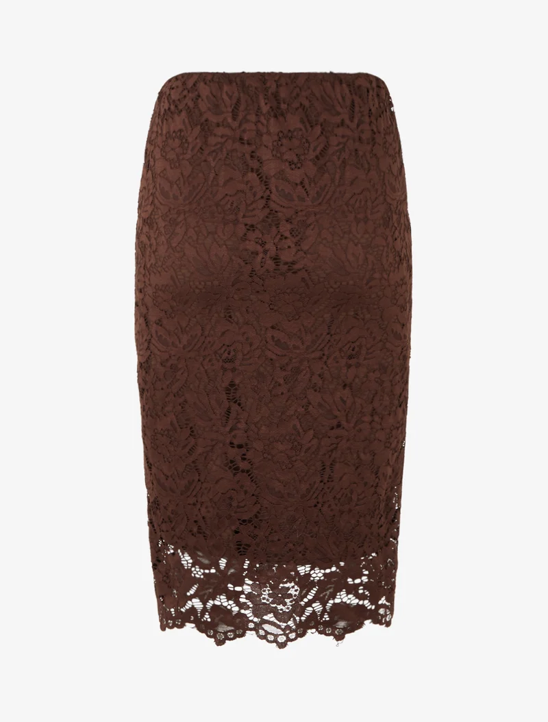 Jupe crayon en dentelle à taille haute - Marron