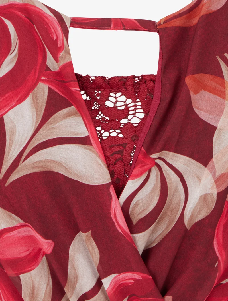 Robe évasée imprimé feuilles fantaisies - Bordeaux
