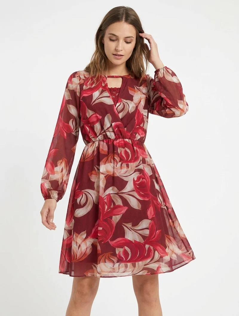 Robe évasée imprimé feuilles fantaisies - Bordeaux