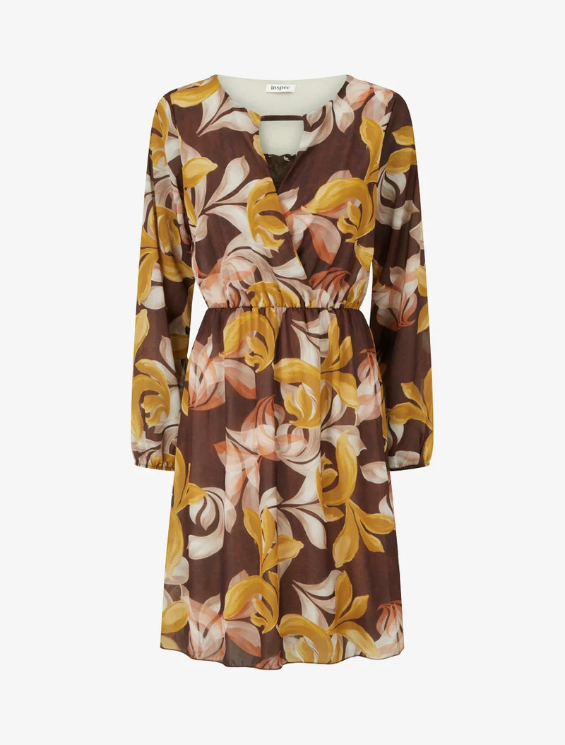 Robe évasée imprimé feuilles fantaisies - Marron