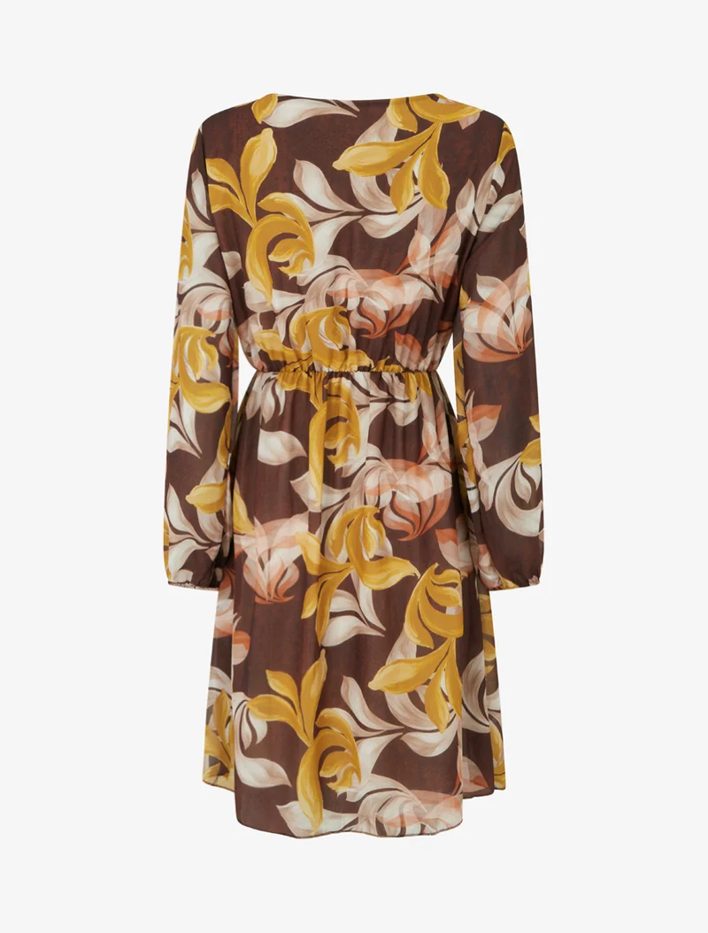 Robe évasée imprimé feuilles fantaisies - Marron