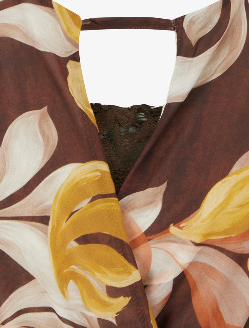 Robe évasée imprimé feuilles fantaisies - Marron