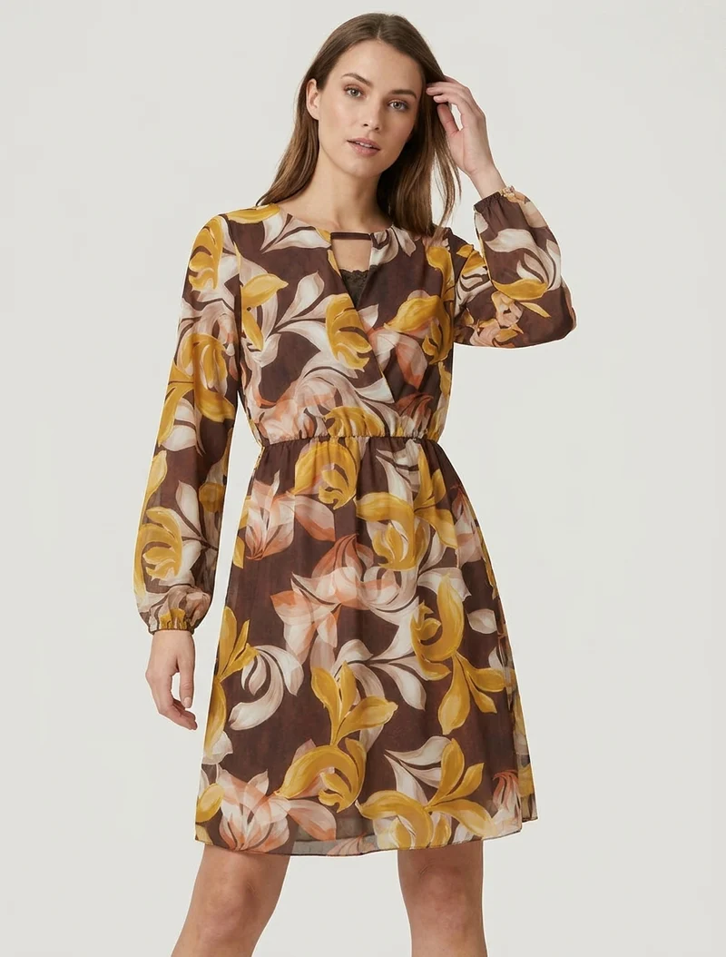 Robe évasée imprimé feuilles fantaisies - Marron