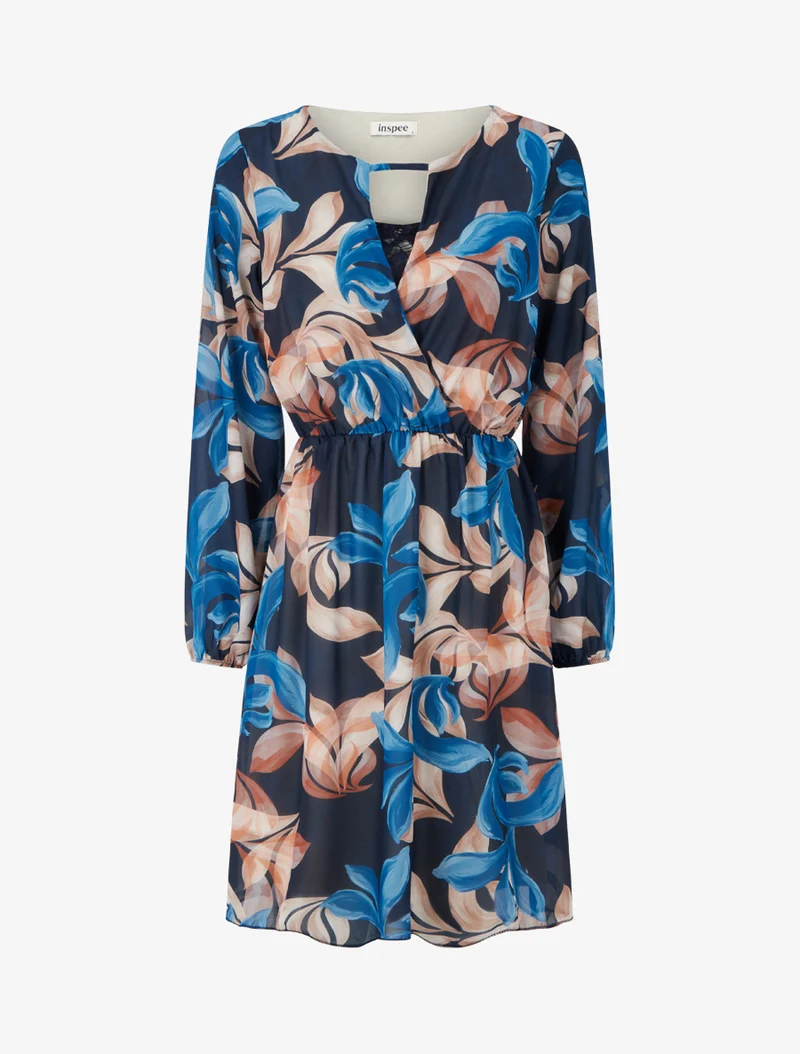 Robe évasée imprimé feuilles fantaisies - Marine