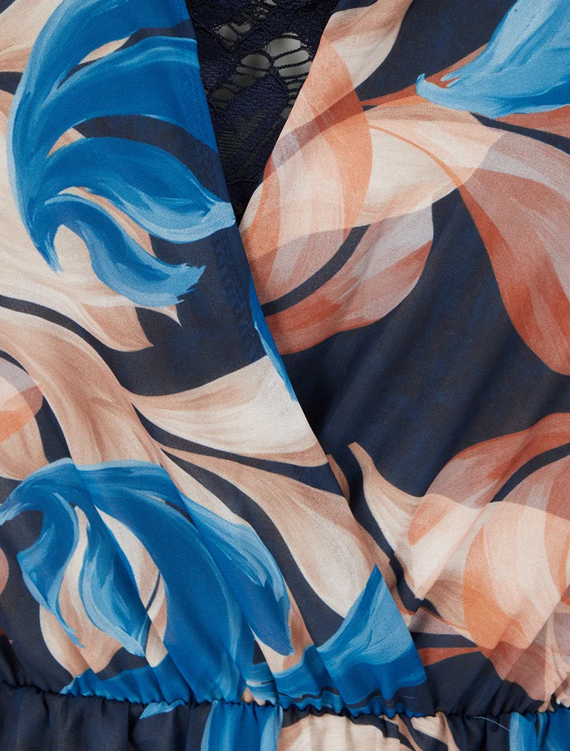 Robe évasée imprimé feuilles fantaisies - Marine