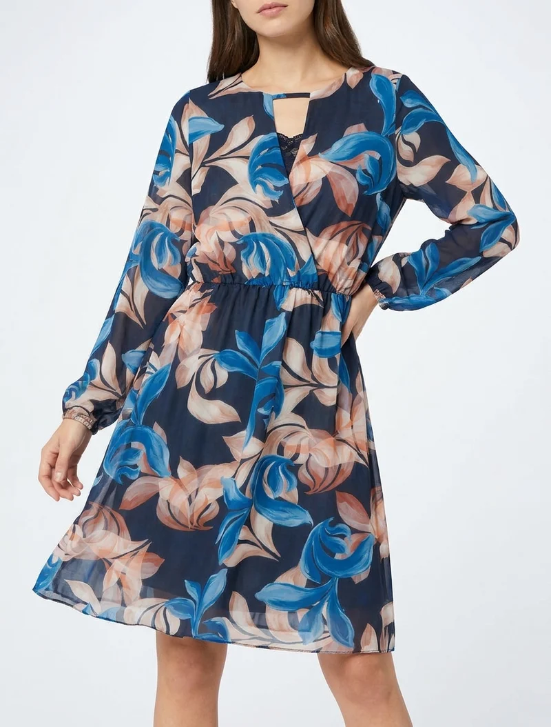 Robe évasée imprimé feuilles fantaisies - Marine