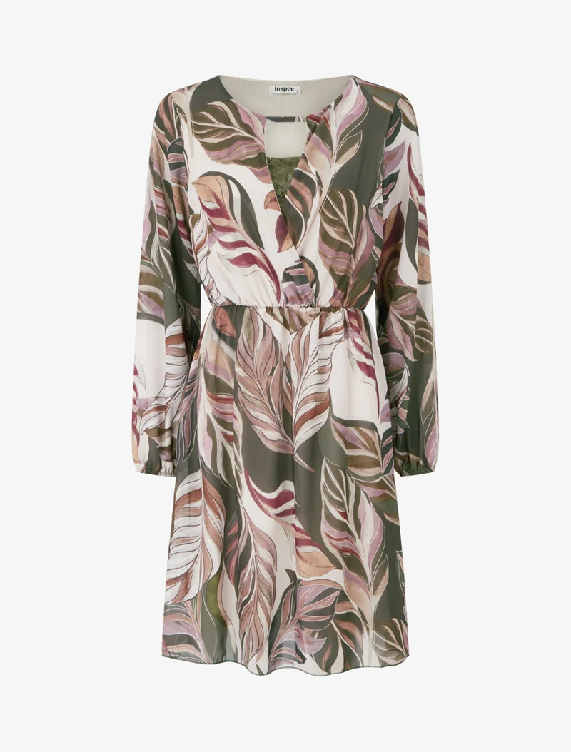 Robe évasée imprimé feuilles stylisées - Kaki