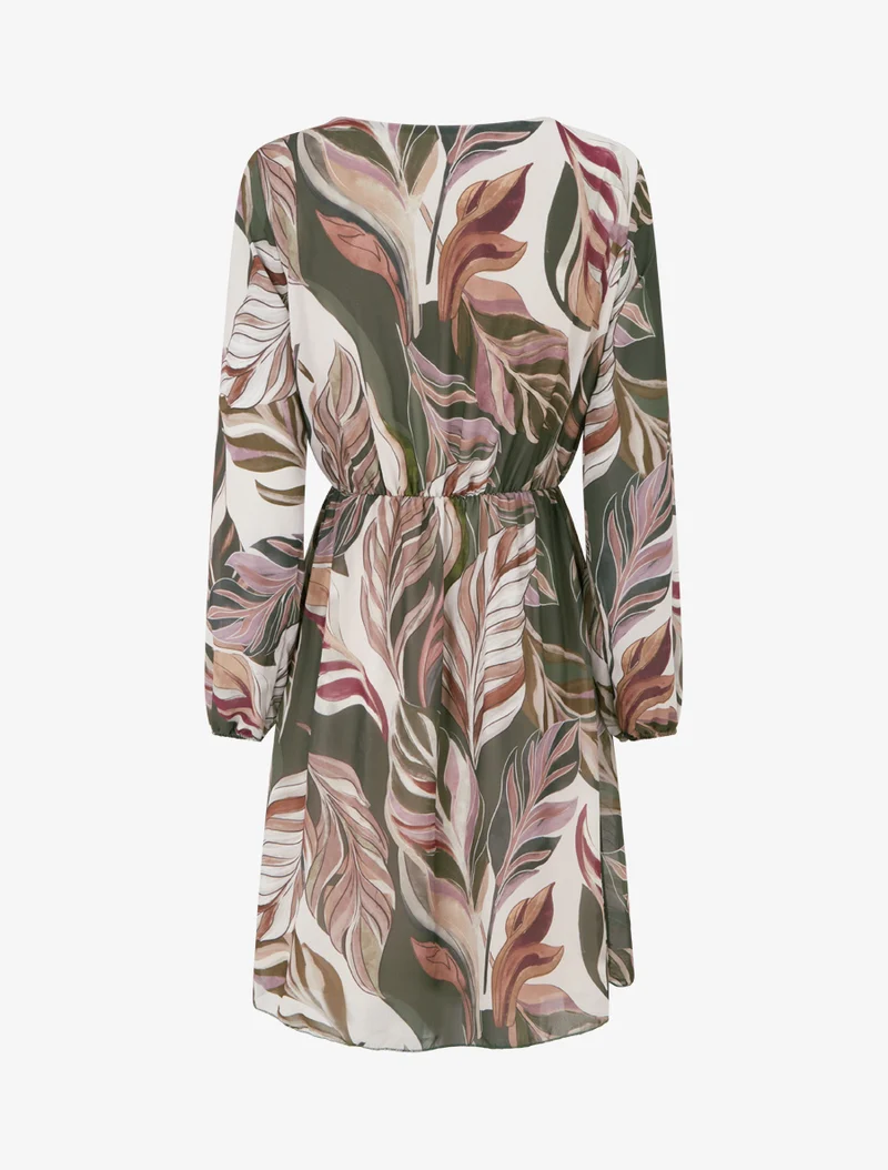 Robe évasée imprimé feuilles stylisées - Kaki