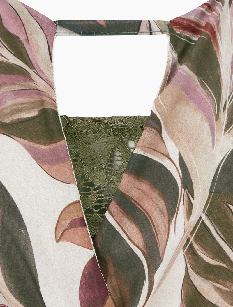 Robe évasée imprimé feuilles stylisées - Kaki