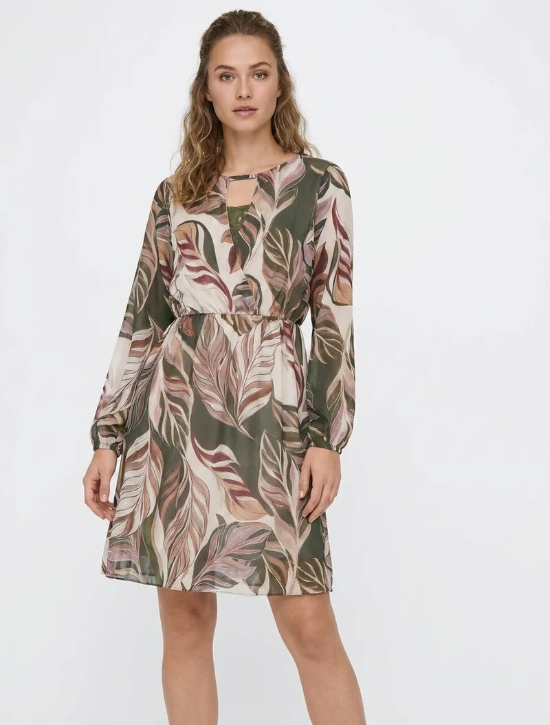 Robe évasée imprimé feuilles stylisées - Kaki