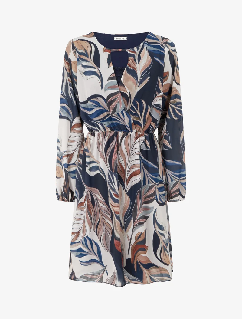 Robe évasée imprimé feuilles stylisées - Marine