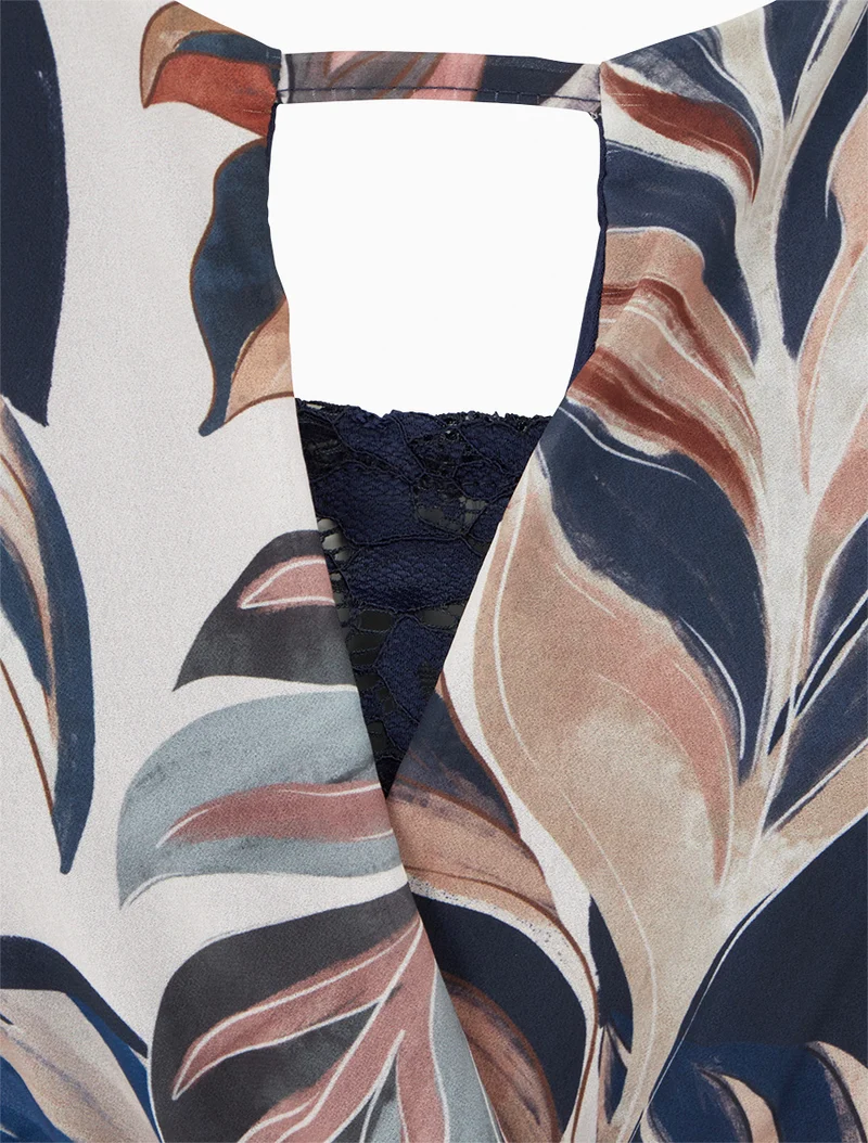 Robe évasée imprimé feuilles stylisées - Marine
