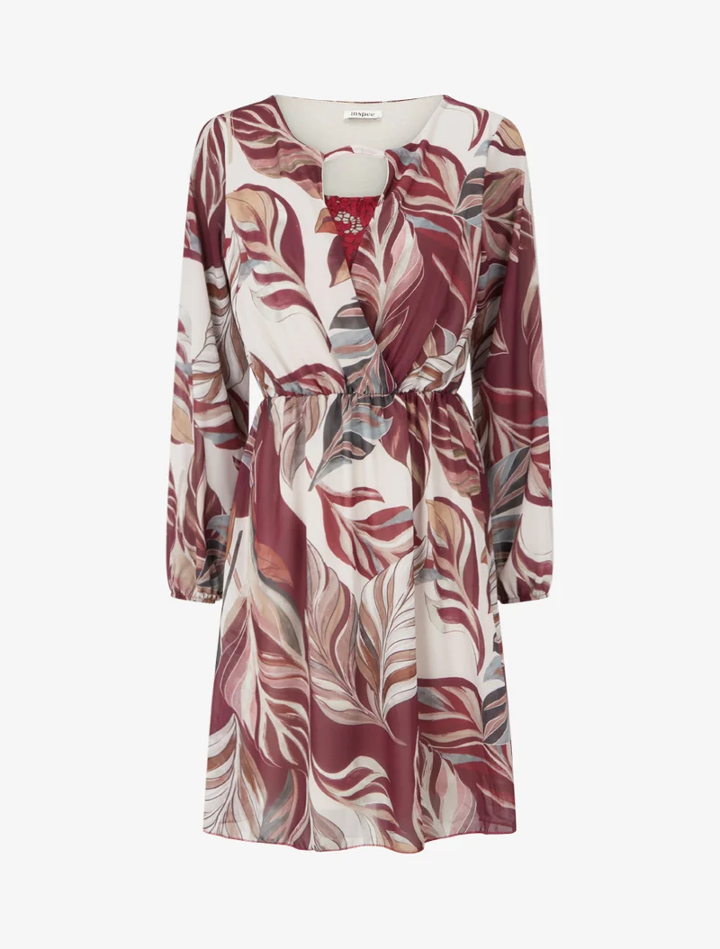Robe évasée imprimé feuilles stylisées - Lie de vin