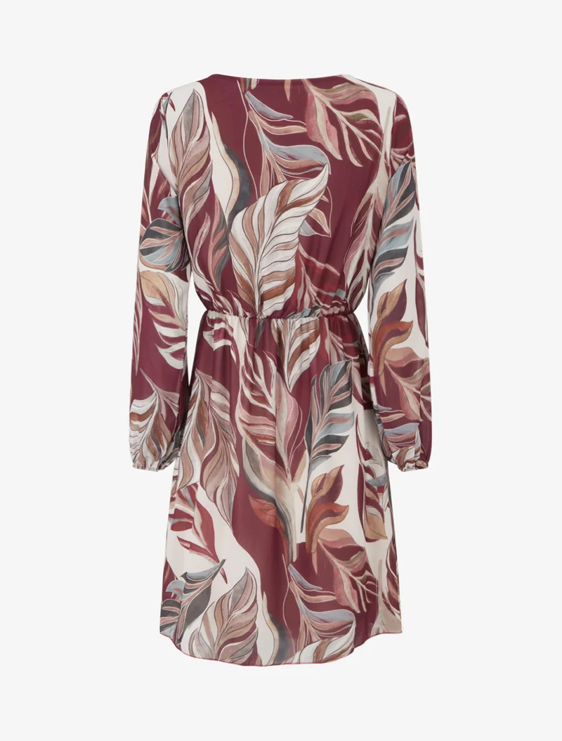 Robe évasée imprimé feuilles stylisées - Lie de vin
