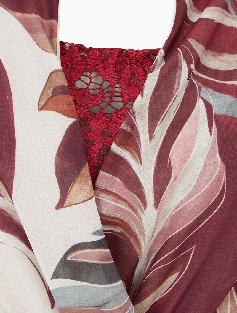 Robe évasée imprimé feuilles stylisées - Lie de vin
