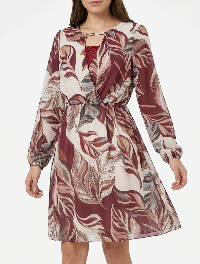 Robe évasée imprimé feuilles stylisées - Lie de vin