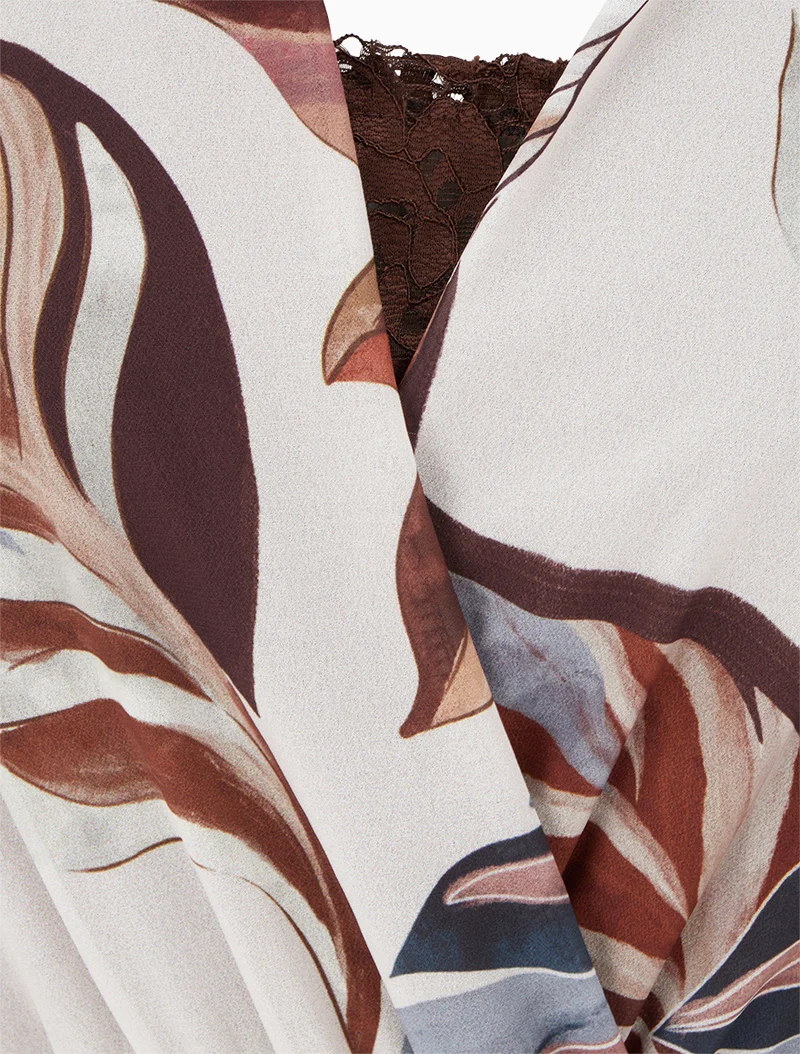 Robe évasée imprimé feuilles stylisées - Marron