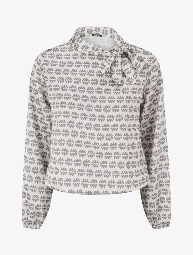 Top boule satiné à col noeud et imprimé graphique - Taupe