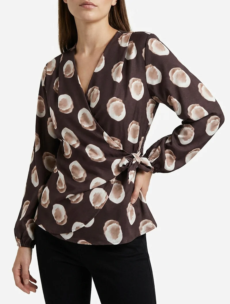 Blouse style portefeuille imprimé fantaisie - Marron