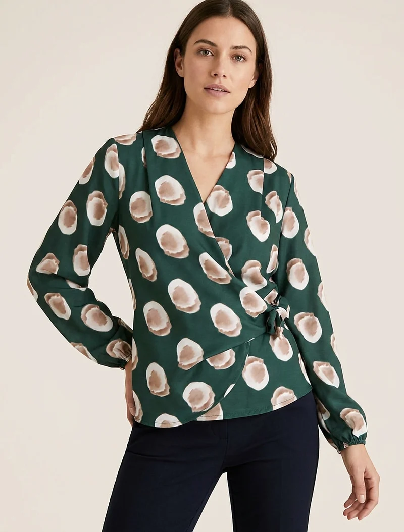 Blouse style portefeuille imprimé fantaisie - Vert sapin