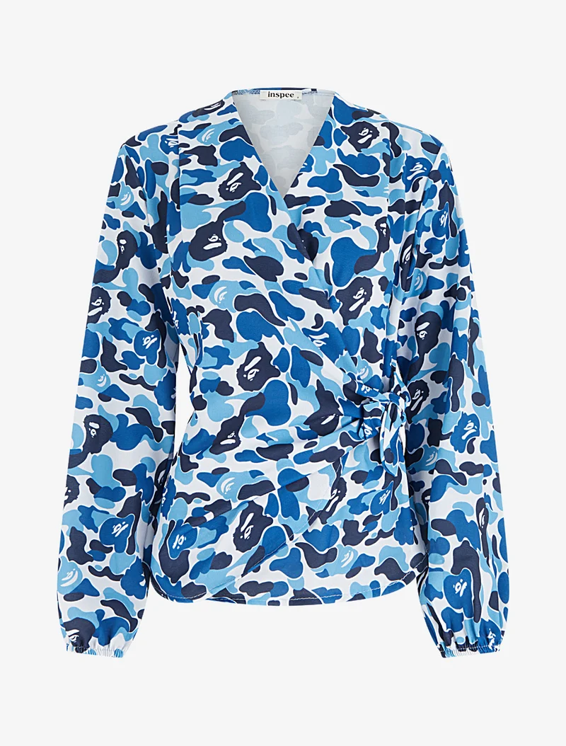 Blouse style portefeuille imprimée à col cache-coeur - Bleu