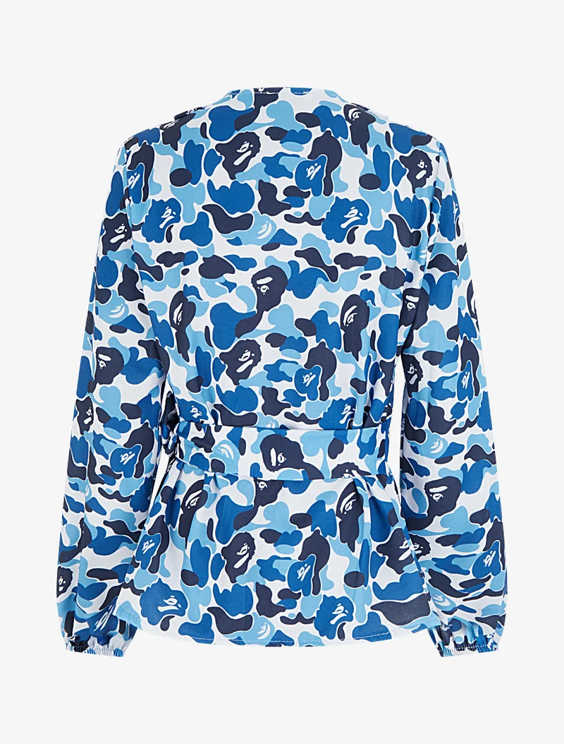 Blouse style portefeuille imprimée à col cache-coeur - Bleu
