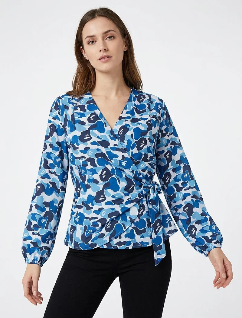 Blouse style portefeuille imprimée à col cache-coeur - Bleu