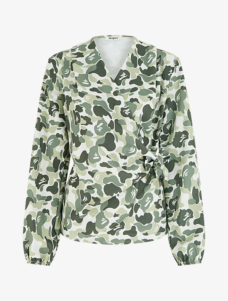 Blouse style portefeuille imprimée à col cache-coeur - Kaki