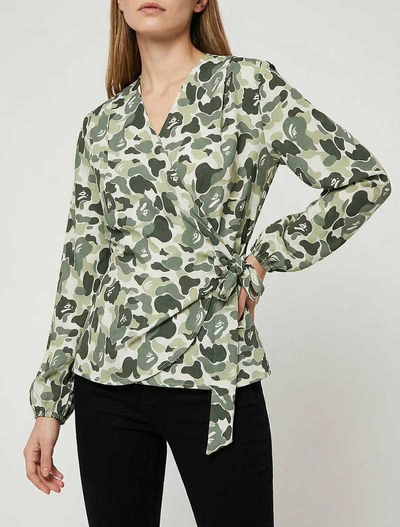 Blouse style portefeuille imprimée à col cache-coeur - Kaki