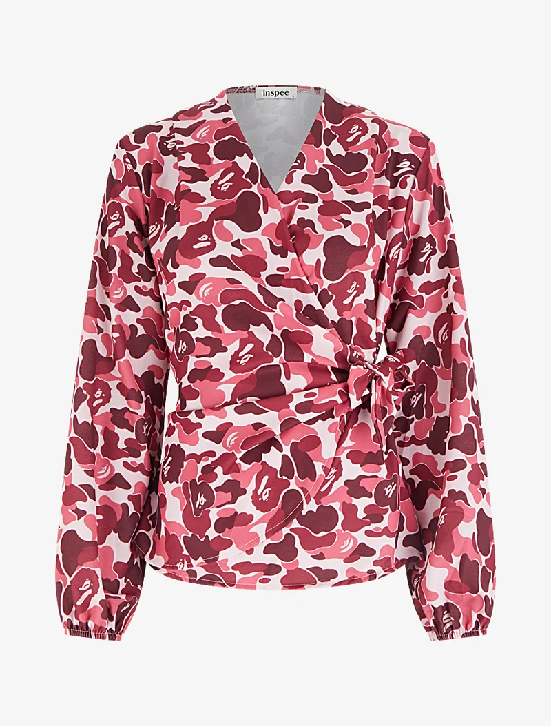 Blouse style portefeuille imprimée à col cache-coeur - Lie de vin
