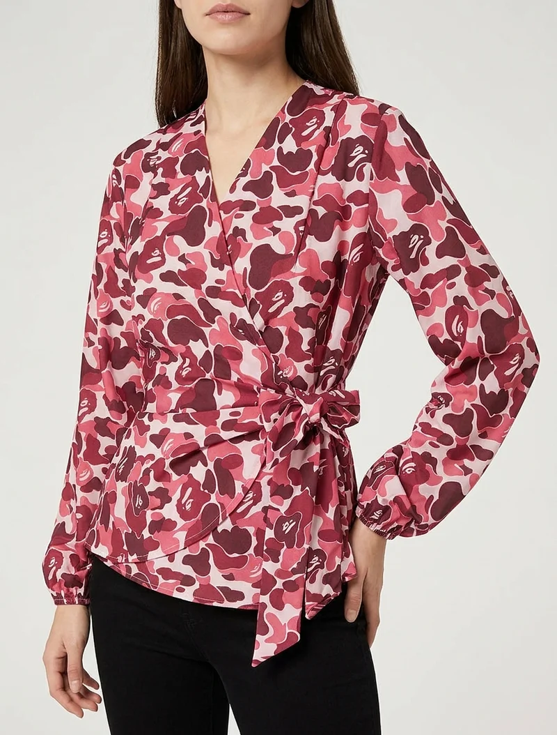 Blouse style portefeuille imprimée à col cache-coeur - Lie de vin