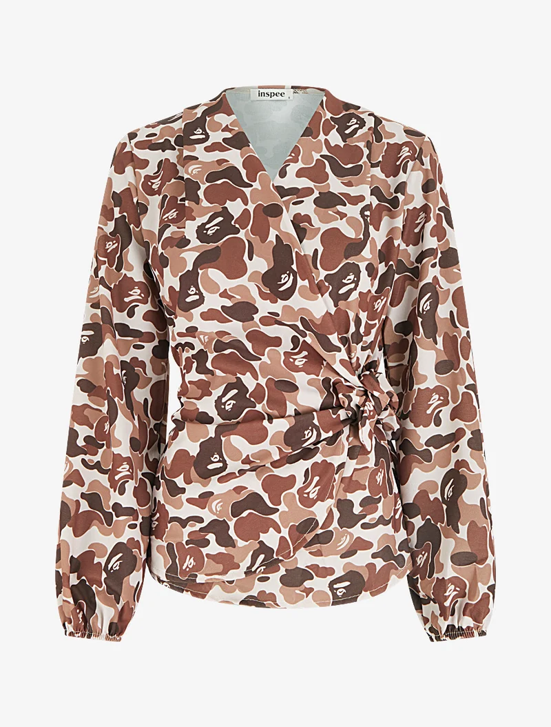 Blouse style portefeuille imprimée à col cache-coeur - Marron