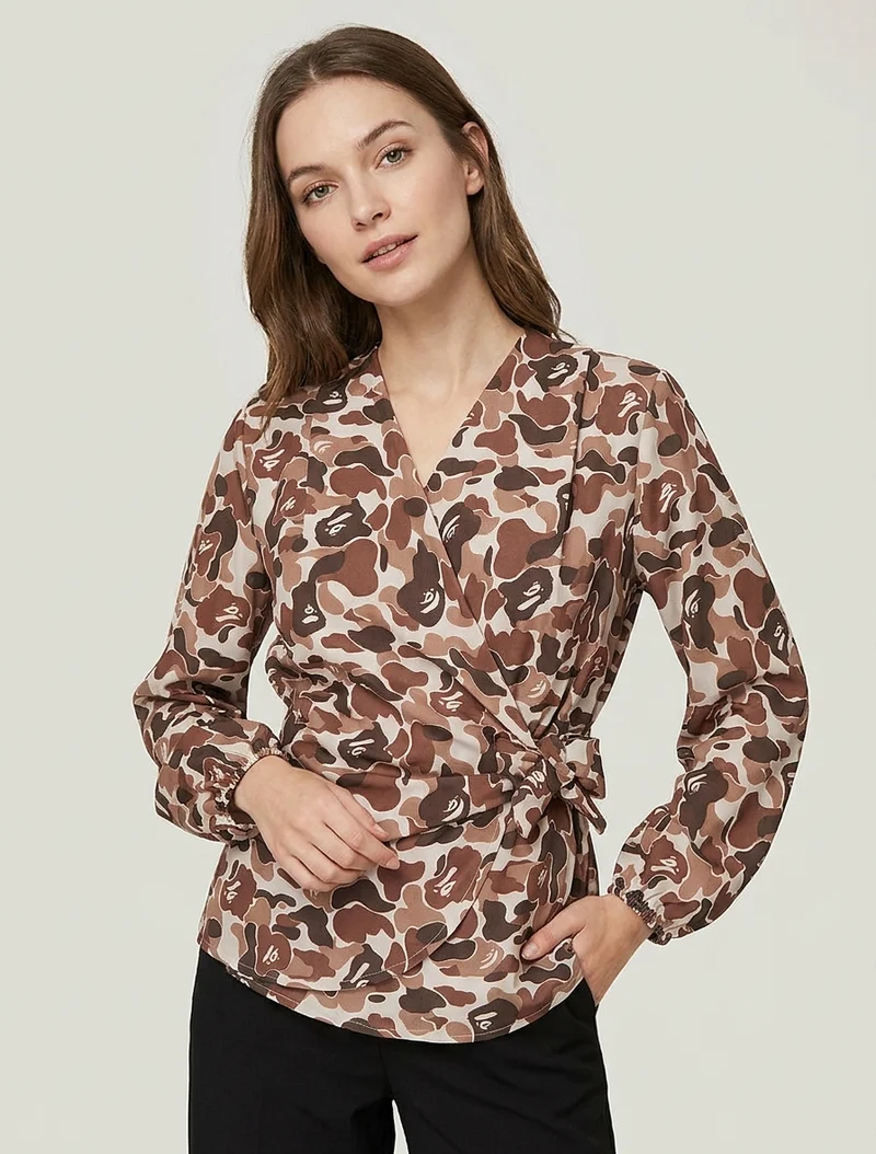 Blouse style portefeuille imprimée à col cache-coeur - Marron