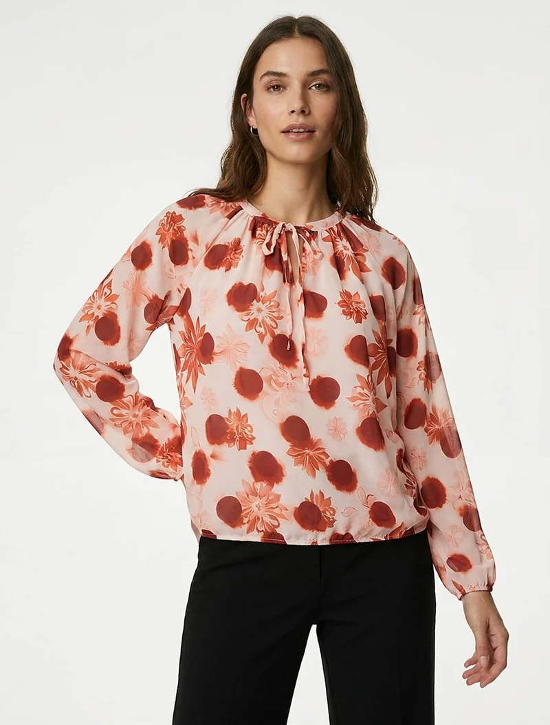 Blouse en voile imprimé floral coupe boule - Orange foncé