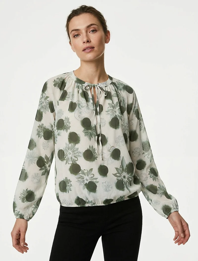 Blouse en voile imprimé floral coupe boule - Kaki