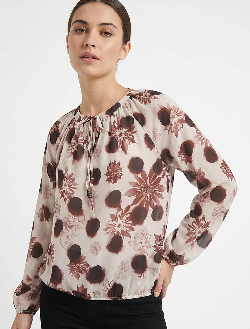 Blouse en voile imprimé floral coupe boule - Marron