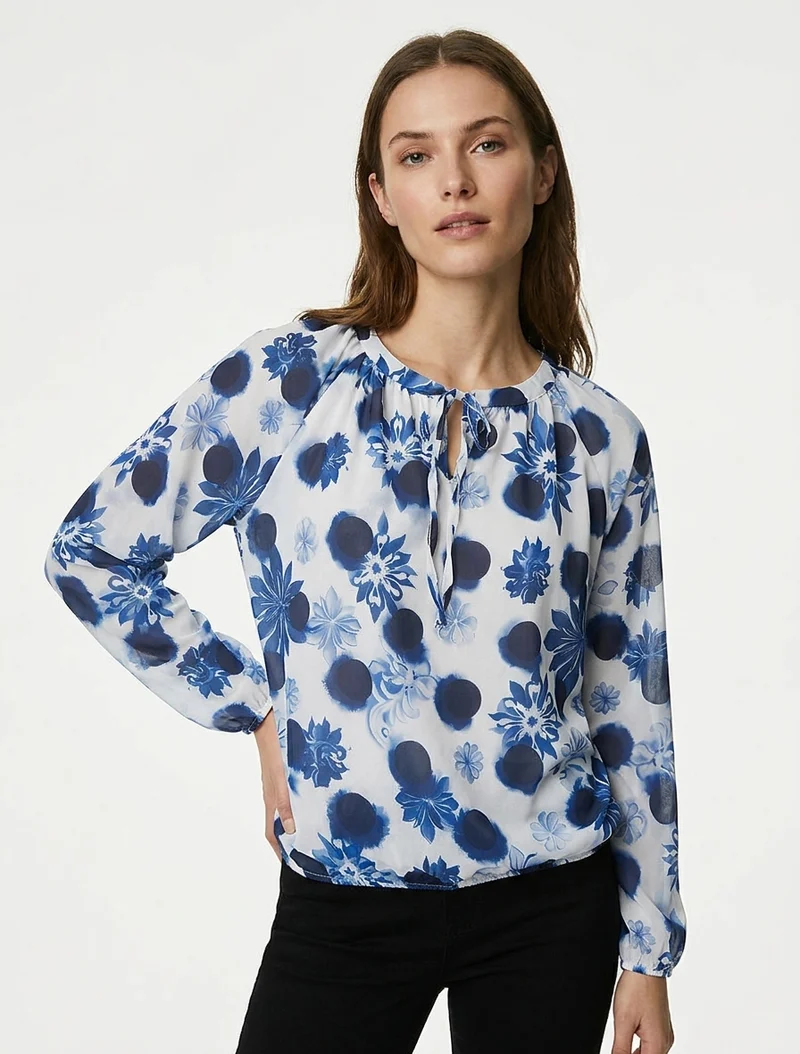 Blouse en voile imprimé floral coupe boule - Marine
