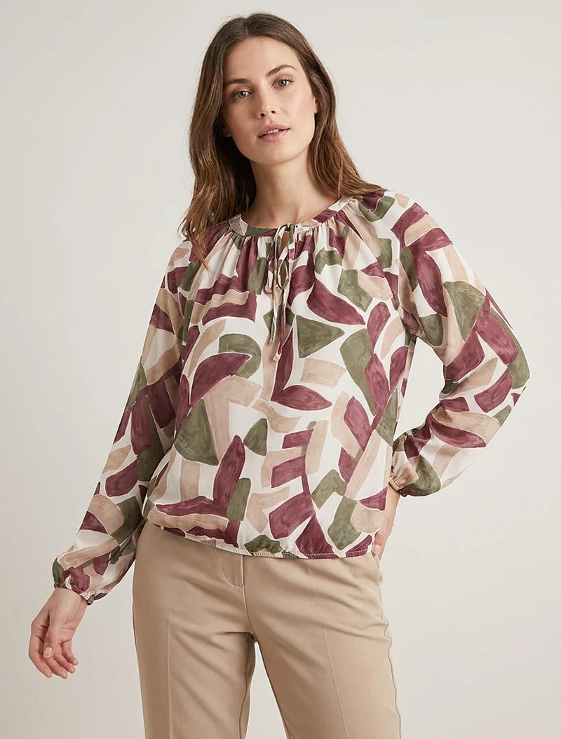 Blouse en voile imprimé abstrait coupe boule - Lie de vin
