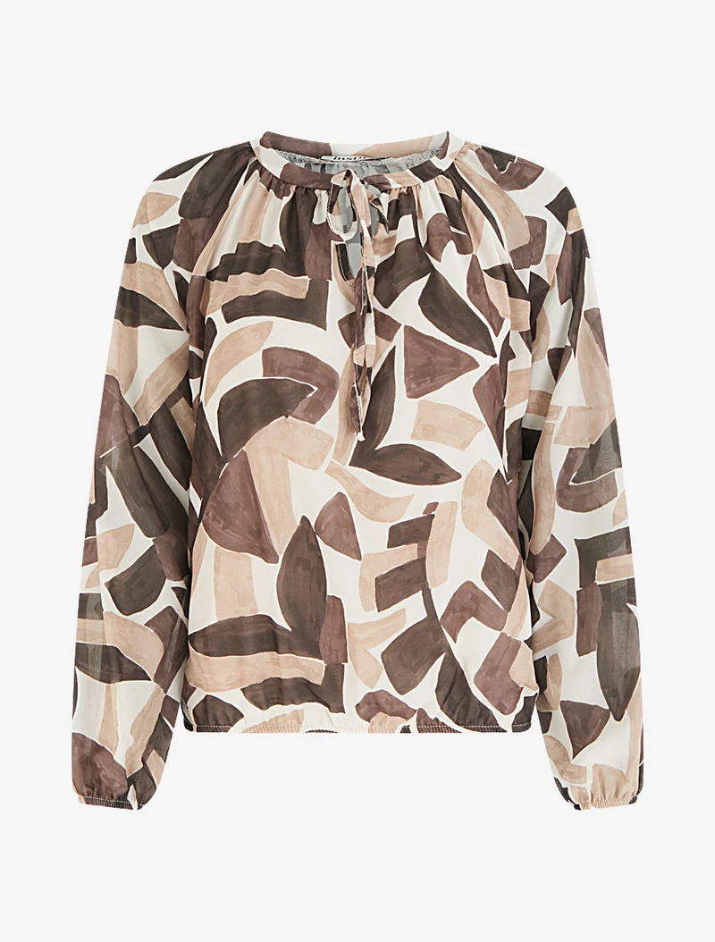 Blouse en voile imprimé abstrait coupe boule - Marron