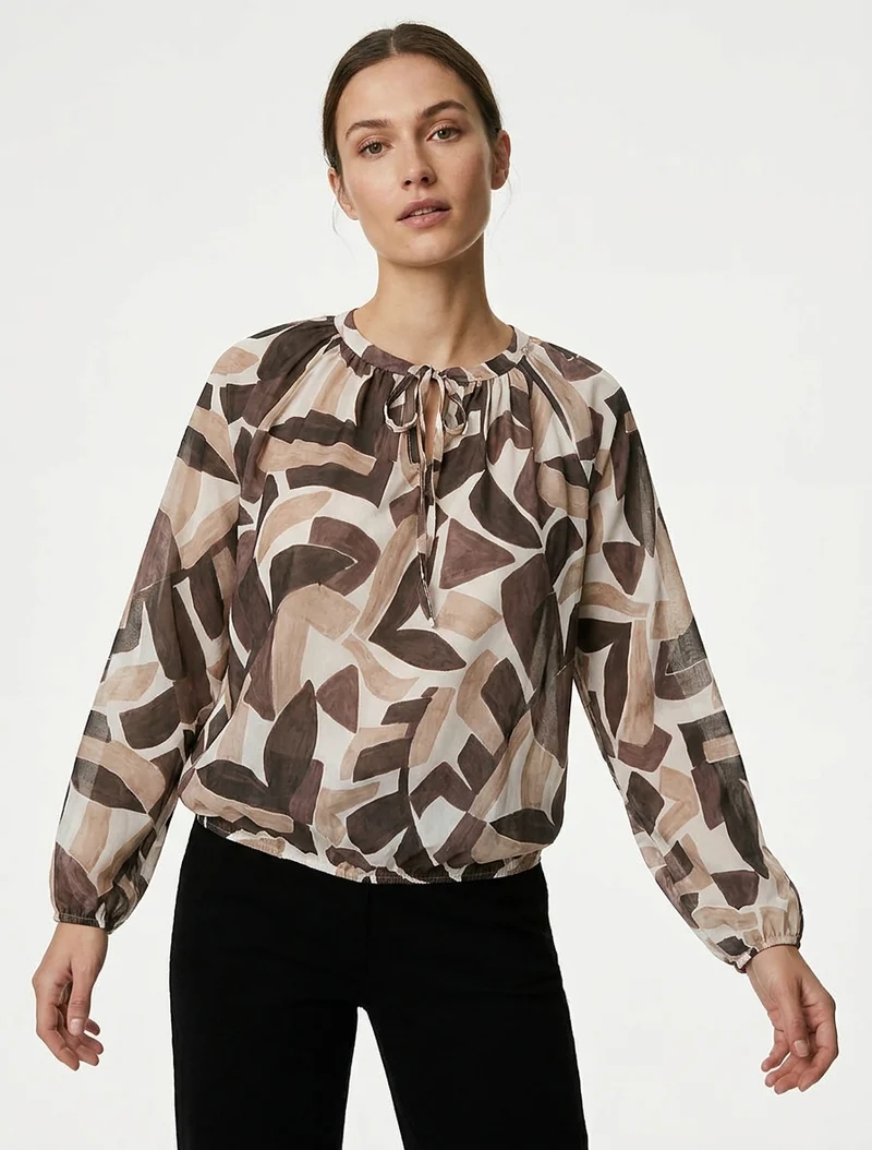 Blouse en voile imprimé abstrait coupe boule - Marron