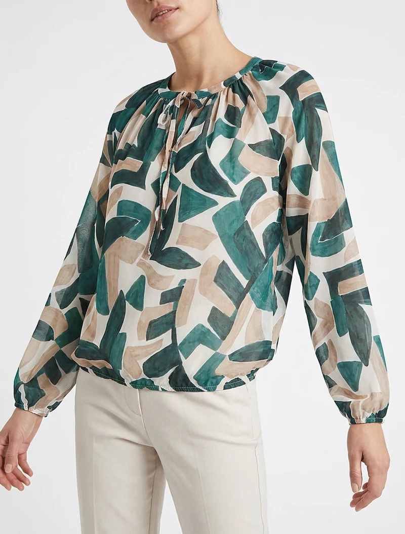 Blouse en voile imprimé abstrait coupe boule - Vert
