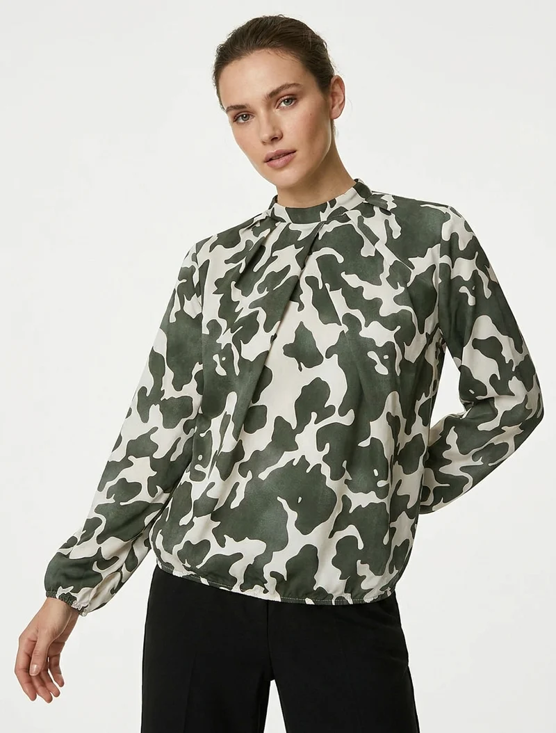 Blouse satiné imprimé vache - Kaki