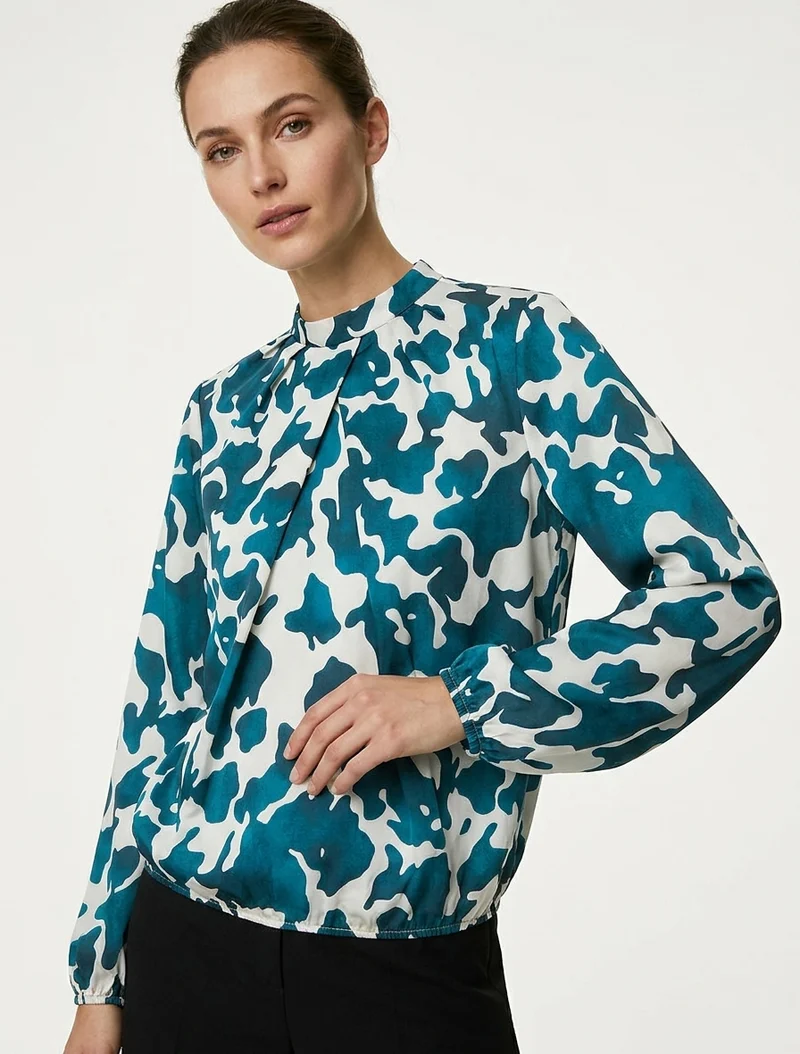 Blouse satiné imprimé vache - Bleu canard