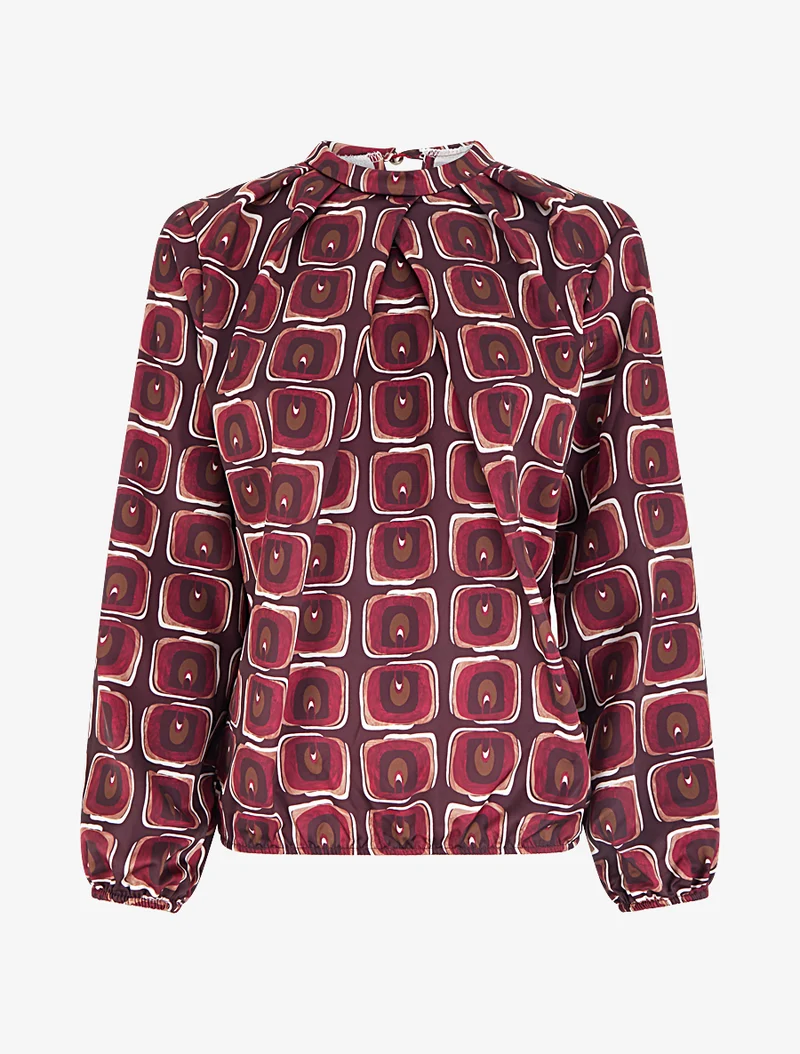 Blouse satiné imprimé rétro - Lie de vin