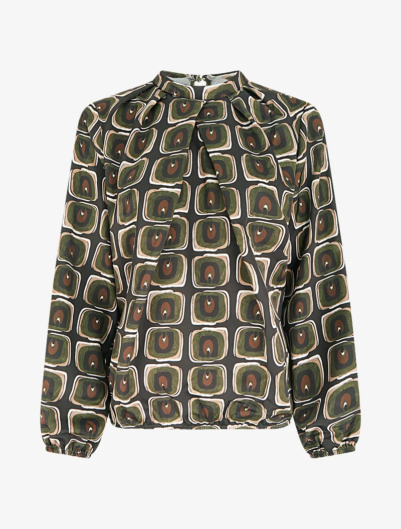 Blouse satiné imprimé rétro - Kaki