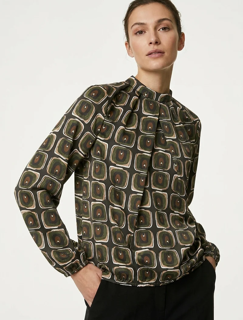 Blouse satiné imprimé rétro - Kaki